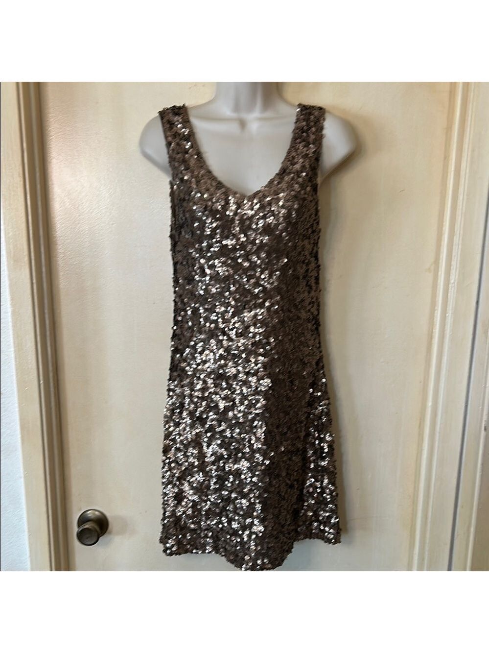 Amber Blue Gold Sequin Scoop Neck Mini Dress Cocktail size L